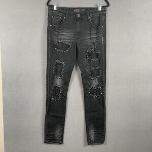 Majestik Jeans Mens 34x32 Black Distressed Grommet Patch Skinny Fit Denim Pants